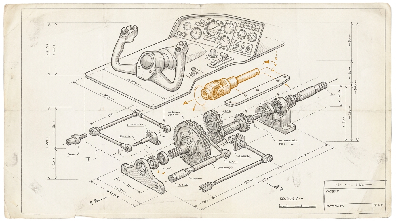Architektonische Sprengzeichnung eines Cockpits. Das amberfarbene Kopplungsteil zwischen Steuerung und Mechanik fehlt sichtbar.