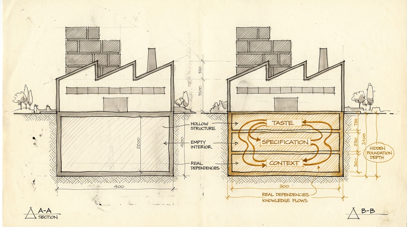 Artefaktproduktion just got cheap. Architektur-Schnitt zweier Fabriken. Links hohle Struktur mit identischem Output. Rechts dichtes Amber-Fundament aus Taste, Specification und Context.