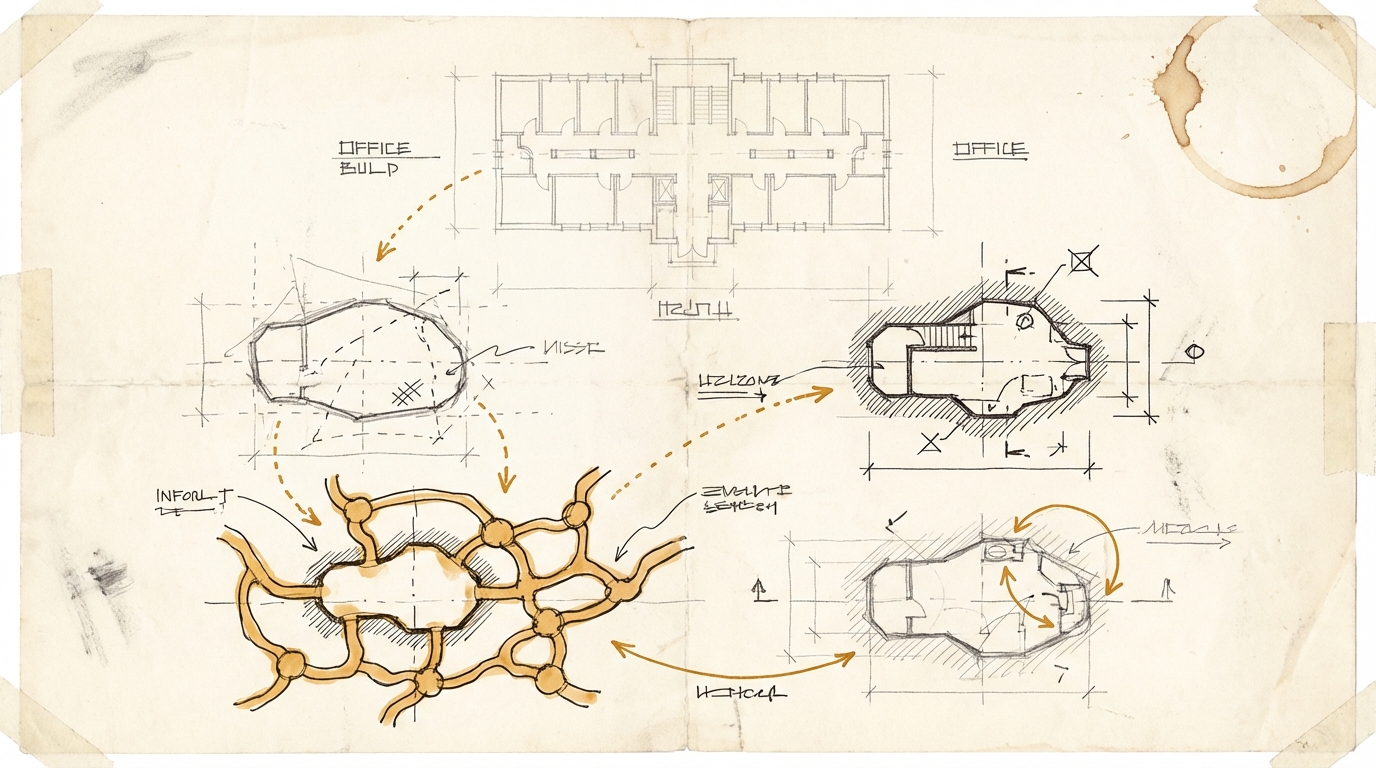 The Wrong Black Box Problem. Architectural comparison: on the left an increasingly transparent model with visible circuits, on the right an organization as a nested building labyrinth. Amber marks the hidden informal paths and interests.