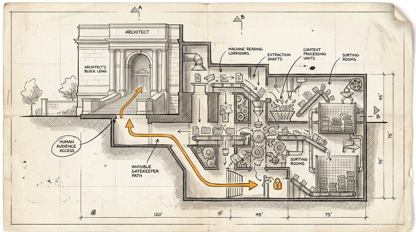 Architektur-Blaupause im Schnitt: Vor der Website steht der sichtbare Eingang für Menschen. Dahinter und darunter arbeiten unsichtbare maschinelle Lese- und Sortierwege als zweites Publikum.