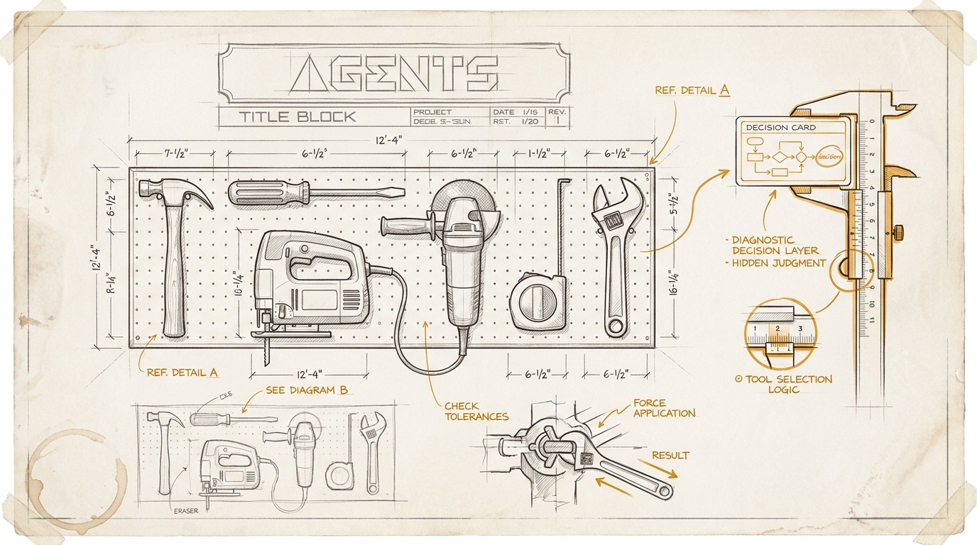 Handgezeichnete Blueprint-Illustration einer Werkzeugwand mit unterschiedlichen Agenten-Werkzeugen. Ein amberfarbener Entscheidungskarten-Stapel zeigt: Nicht ein bester Agent entscheidet, sondern die passende Wahl nach Arbeit, Daten, Rechten und Exit.