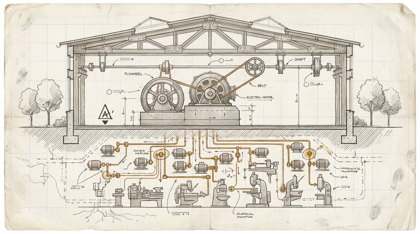 Der Elektromotor. Fabrikhallen-Schnitt mit einem großen zentralen Motor und langen Transmissionsriemen auf der einen Seite, daneben kleine Einzelmotoren an jeder Maschine. Amber markiert die Reibung der alten Koordinationsinfrastruktur.