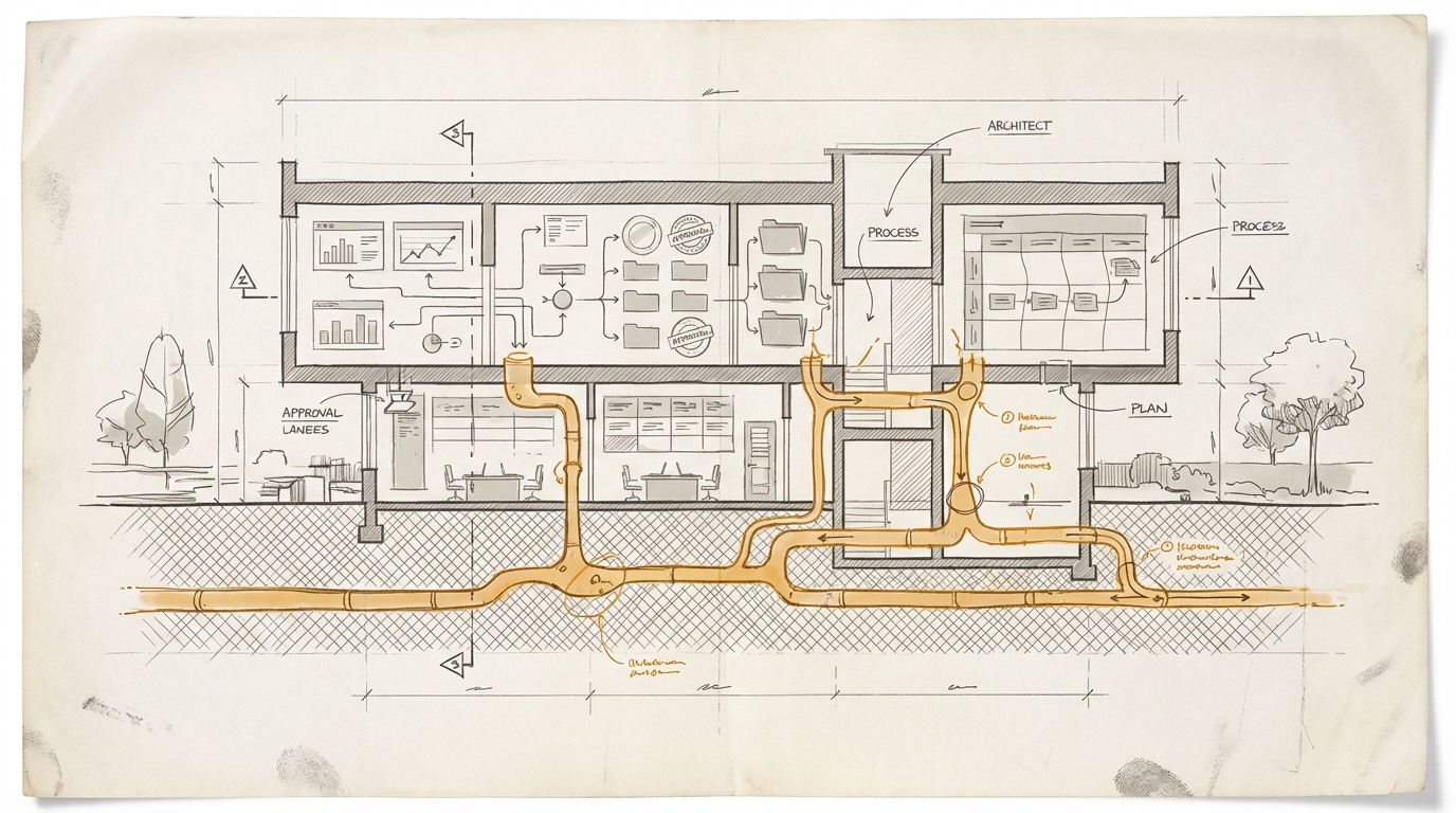 Architektonische Schnittzeichnung einer Büro-Betriebsschicht, unter deren sichtbarer Oberfläche eine amberfarbene Erinnerungs- und Routinenleitung verläuft.