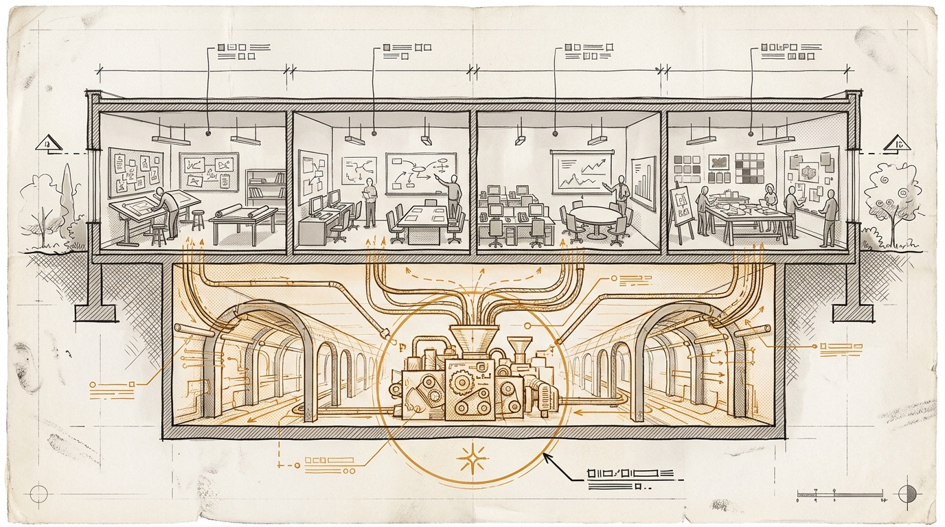 Architektur-Blaupause im Schnitt: Vier Arbeitsräume über einer verborgenen amberfarbenen Produktionsschicht, die erste visuelle Entwürfe aus einem gemeinsamen Designsystem speist.