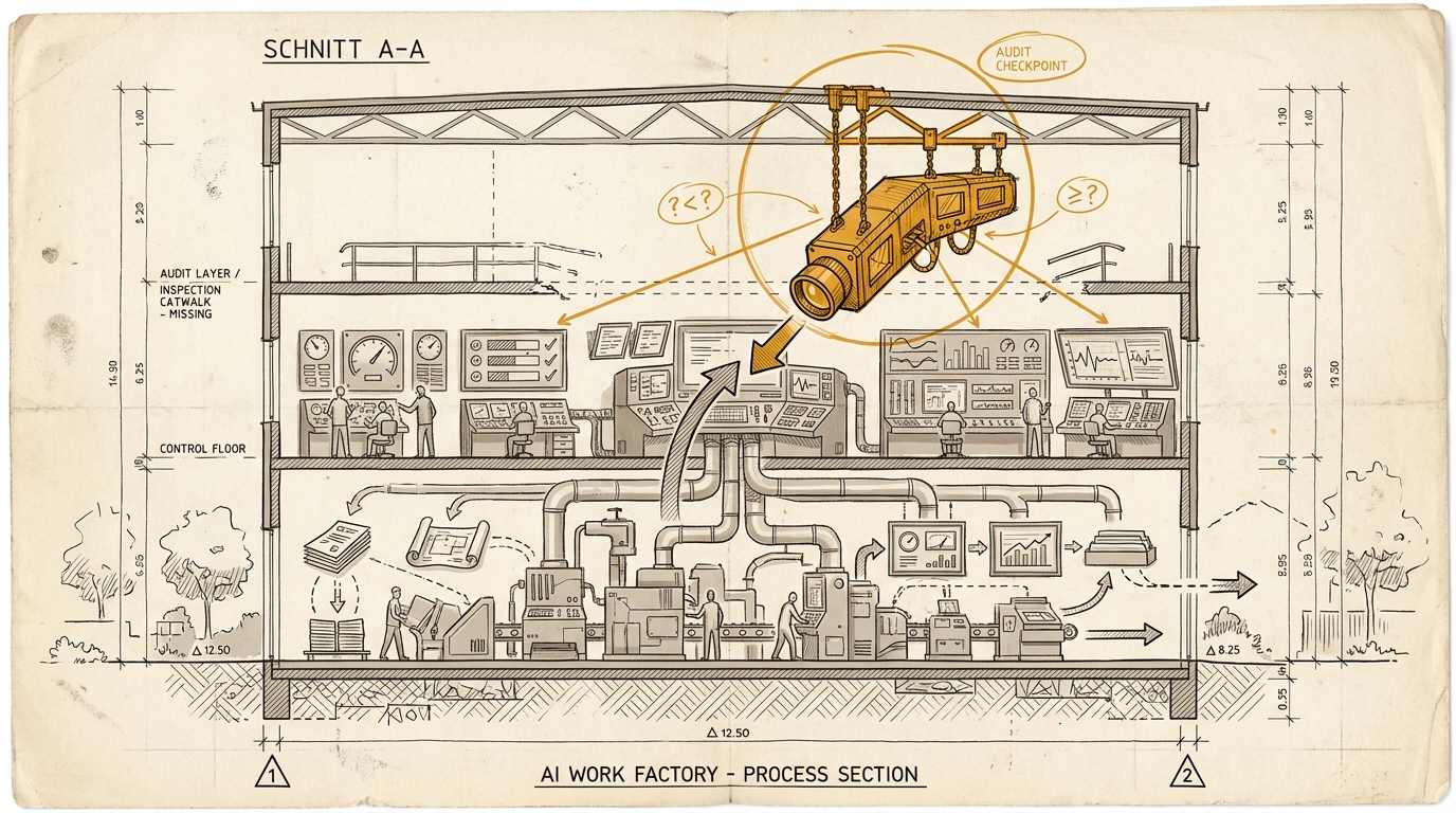 Architektur-Blaupause im Schnitt: Unten Produktionsschicht und darüber Kontrollraum mit Anzeigen. Die fehlende Auditschicht darüber wird durch eine einzelne amberfarbene Inspektionsbrücke markiert.