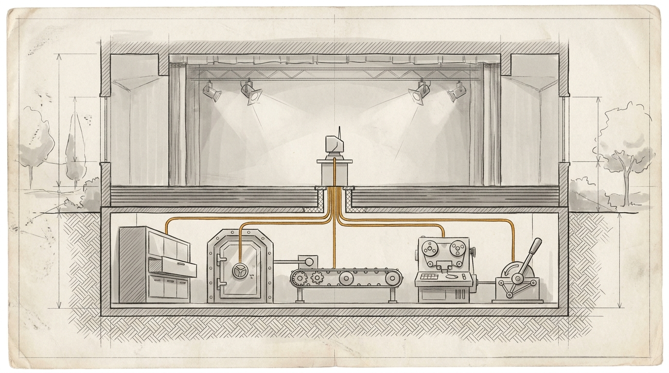 Handgezeichnete Blueprint-Illustration als Schnitt durch eine Theaterbühne und den darunterliegenden Maschinenraum. Oben steht ein kleiner Agent im Demo-Licht. Unten verbindet eine amberfarbene Leitung ihn mit Daten, Rechten, Workflows, Audit und Not-Aus.