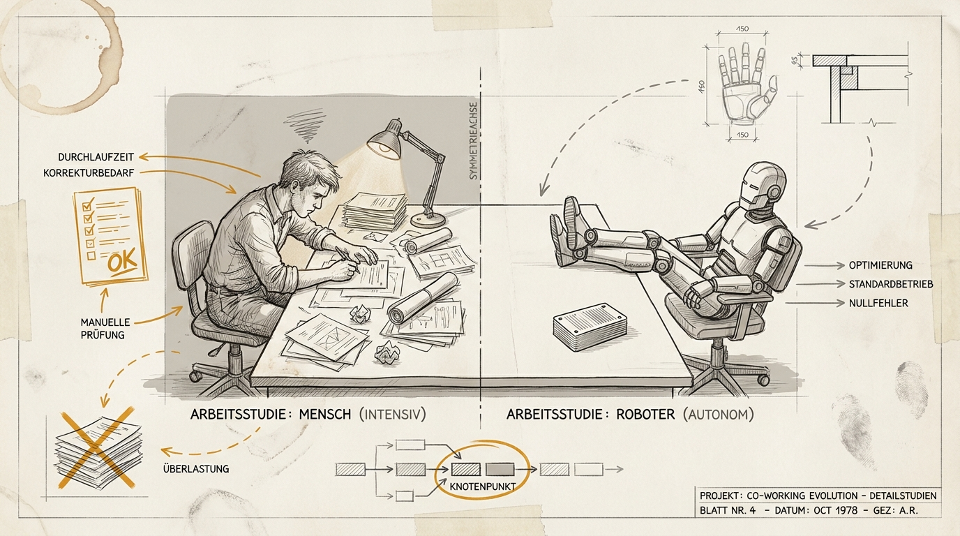 Spiegelbildliche Blueprint-Zeichnung zweier Schreibtische: links prüft ein Mensch Unterlagen, rechts lehnt ein Roboter neben einem fertigen Deck zurück.