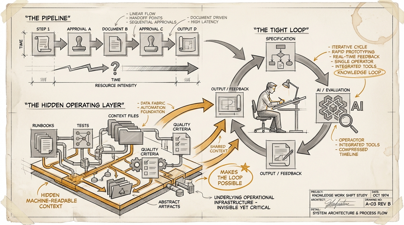 Technische Detailzeichnung einer alten Übergabepipeline, in der ein bernsteinfarbener Loop die eigentliche Arbeit zusammenhält.