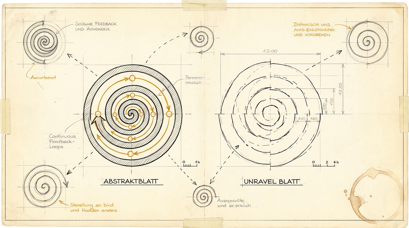 Die schnelle Spirale frisst ihre Kinder. Skizzenblatt mit zwei Spiralen. Links enge Spirale mit Amber-Feedback-Pfeilen. Rechts aufloesende Spirale ohne Verbindungen.