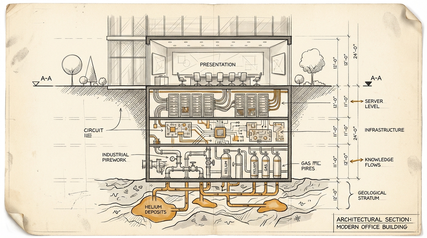 Executive Briefing: Der unsichtbare Input. Architektur-Blueprint eines Gebäudequerschnitts. Oben die sichtbare Oberfläche, darunter die verborgenen Schichten der AI-Infrastruktur bis zu den Helium-Lagerstätten.
