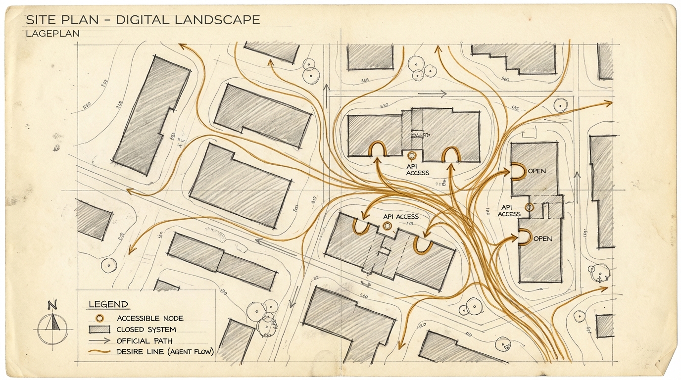 The invisible economy. Site plan of a digital landscape. Buildings with amber access points are visible to agents, closed buildings are bypassed.