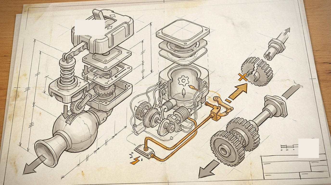 What the Machine Knows but Does Not Do. Blueprint of a control room. One amber analysis path correctly identifies the critical case, while a second path still leads to a harmless action. The illustration makes the gap between knowledge and action visible.