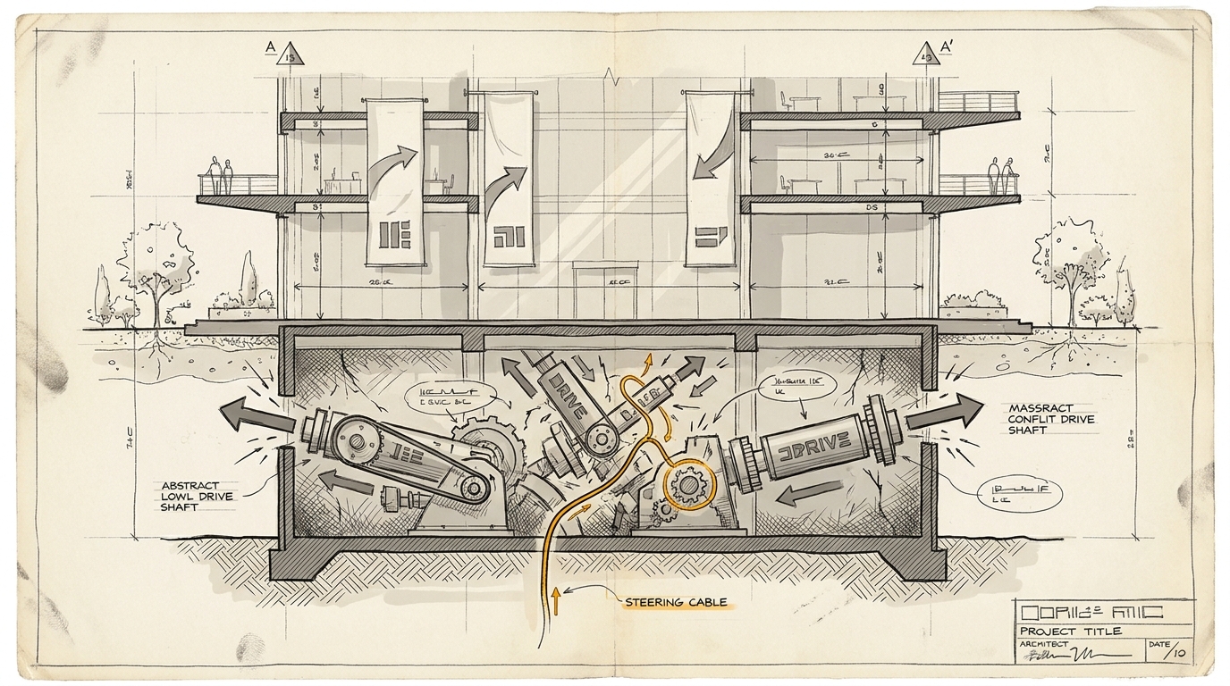 Architektur-Blaupause im Schnitt: Oben die offizielle Transformationsfassade, darunter mehrere gegeneinander laufende Antriebswellen. Ein einzelnes amberfarbenes Steuerkabel markiert die tatsächliche operative Absicht unter der offiziellen Erzählung.