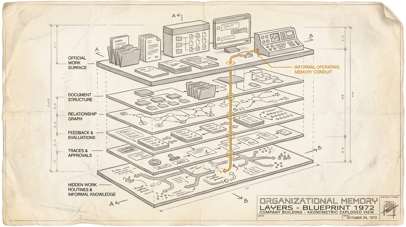 Exploded-view illustration of company memory with documents, relationships, workflows, and an amber-marked hidden working memory.