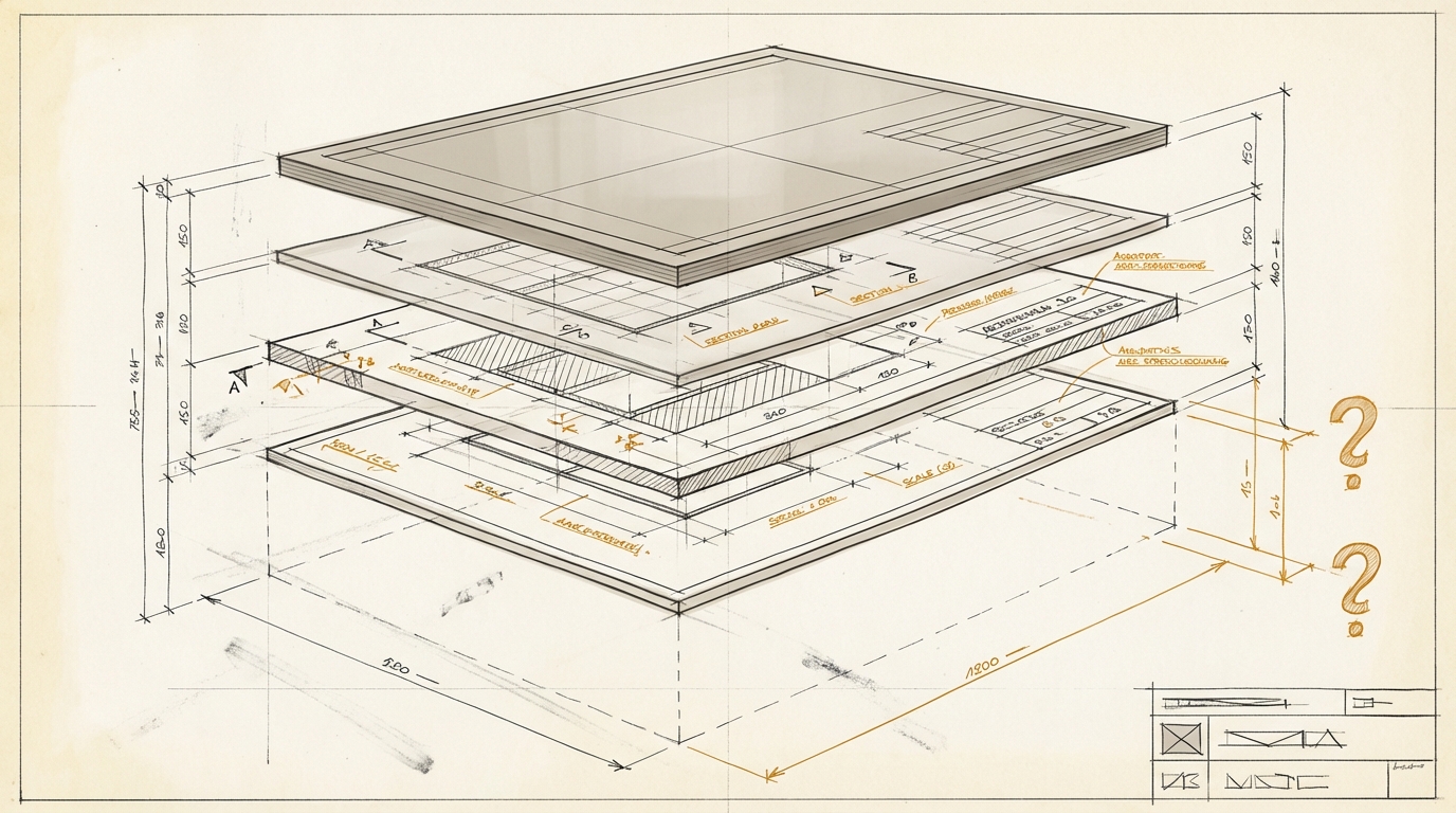 Who specifies. Exploded view of a document in layers. Upper layers empty and vague, lower layers dense with amber annotations. A visible gap in the middle.