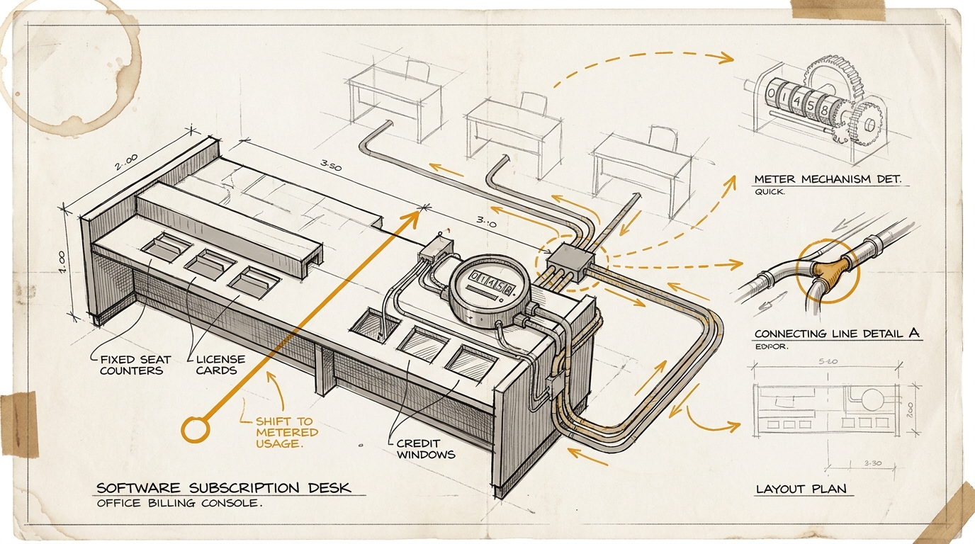Architectural sketch sheet: fixed seat licenses and cards on one side, a taxi-meter-like usage counter and branching agent workstations on the other. A single amber measuring line marks the shift from flat rate to metered use.