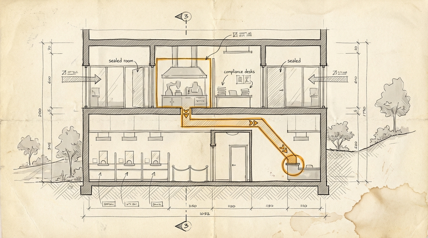 Aus Risiko wird Produkt. Schnitt durch ein Sicherheitsgebaeude. Ein amberfarbener Zugangskorridor verbindet den abgeschirmten Laborbereich mit einem kontrollierten Servicebereich.