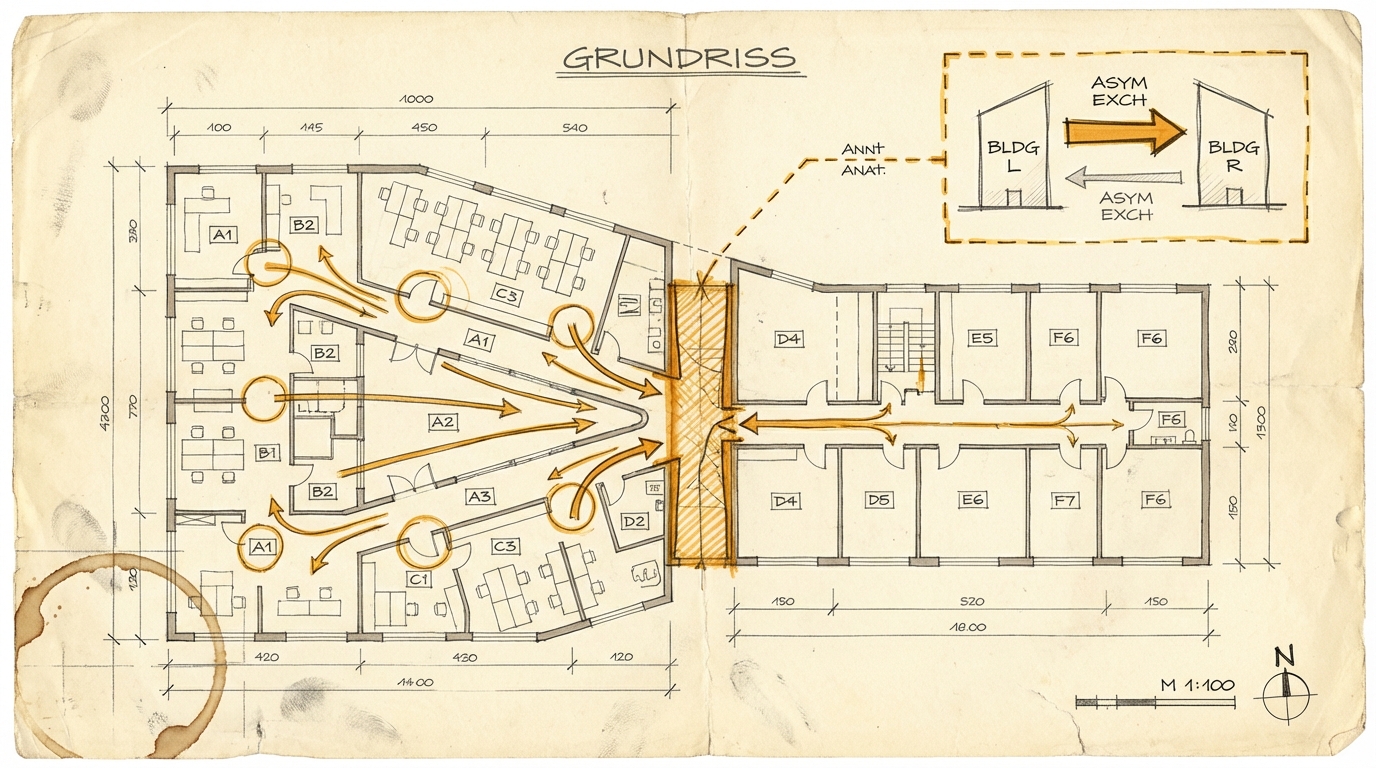 The Bottleneck. Architectural floor plan of a building complex. Multiple corridors converge on a single amber-marked control point. Upper right shows a detail sketch of two buildings with asymmetric information exchange.