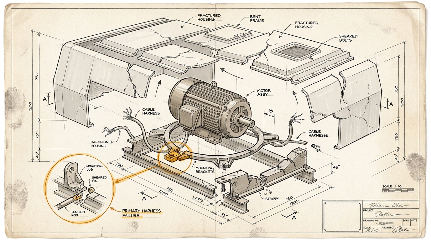 Eine handgezeichnete Sprengzeichnung zeigt einen intakten Elektromotor in einer gebrochenen Maschine. Der amberfarbene Akzent markiert die gerissene Verbindung im Harness, nicht den Motor.