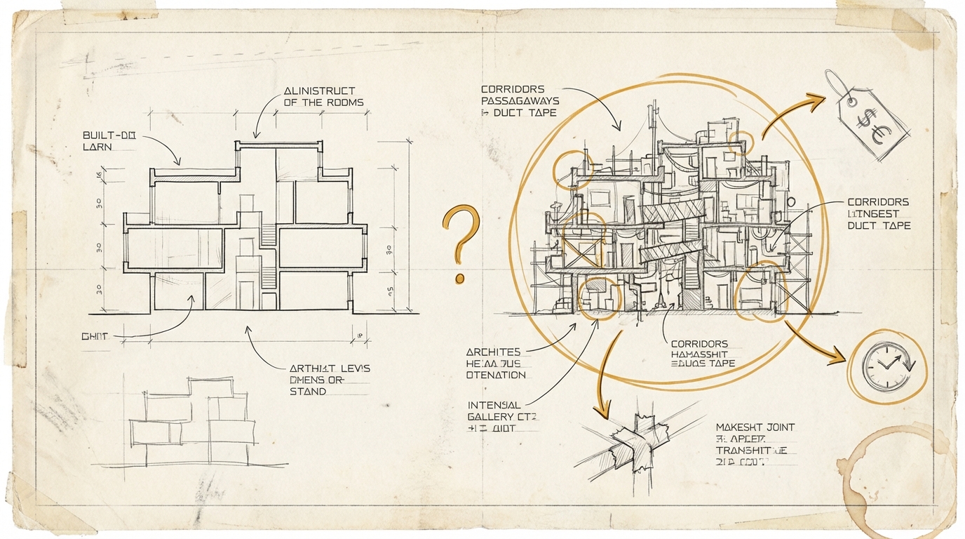 Der Markt regelt das schon. Detailstudie zweier Gebaeudeschnitte. Links ein sauberer, effizienter Entwurf. Rechts dasselbe Gebaeude, chaotisch uebergewachsen mit Anbauten und provisorischen Korridoren, in Amber eingekreist neben Preisschild und Uhr.