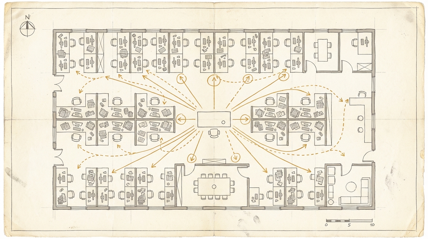 The invisible craftsman. Office floor plan with many desks full of documents. One nearly empty desk radiates amber connections to every other desk.
