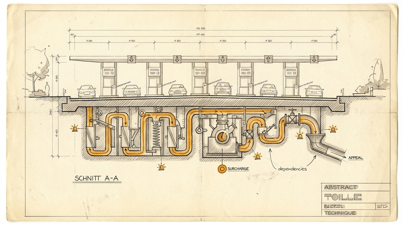 Der Vertrauensaufschlag. Architektonischer Schnitt durch eine moderne Mautstation. Oben saubere, offizielle Zahlstellen in warmem Grau. Unter der Fahrbahn ein verborgenes zweites System aus engen Schleusen, Ventilen, Warnleuchten und Prüfkanälen. Ein einziges Amber-Element markiert die unsichtbare Zusatzmaut.
