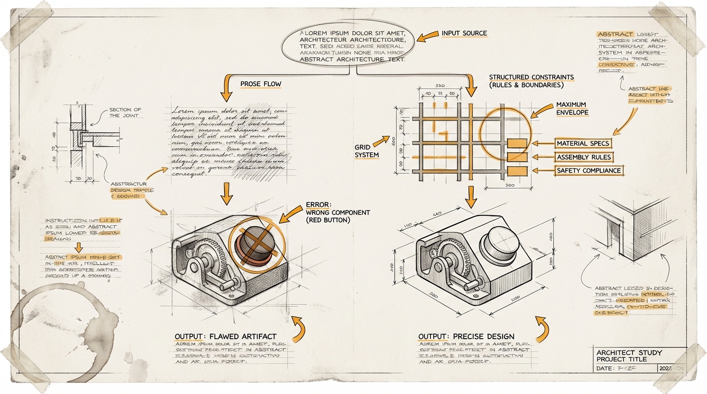 Design bekommt ein Textfeld. Skizzenblatt mit zwei Pfaden. Links Prosa zu fehlerhaftem Design. Rechts Amber-Constraints zu praezisem Design. Gleiche Eingabe, unterschiedliche Uebersetzung.