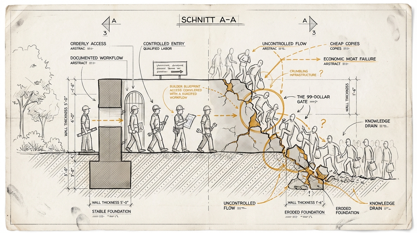 The 99-dollar wall. Cross-section of a wall. Left: orderly queue with proper tools. Right: flood of cheap copies through amber-marked cracks in the crumbling wall.