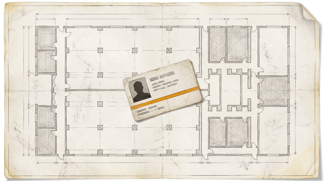 Werksausweis liegt diagonal auf einem handgezeichneten Lageplan einer Produktionshalle. Ein einzelner amberfarbener Streifen auf dem Ausweis markiert die verborgene Zugriffslogik.