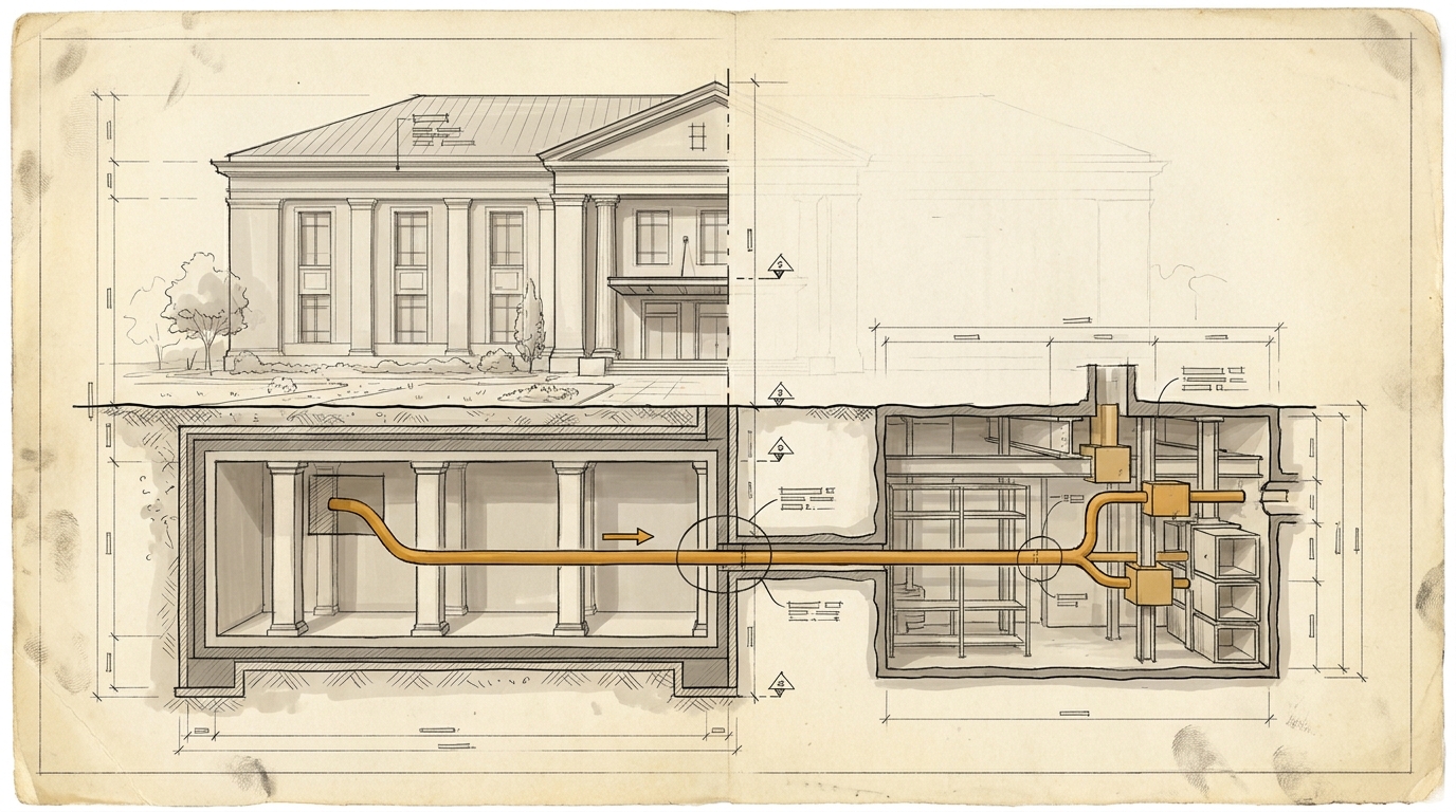 Die Grenze der guten Absicht. Architektonischer Schnitt durch eine offizielle, vertrauenswürdige Fassade über der Erde und eine verborgene amberfarbene Leitung darunter, die unbemerkt in ein Nachbarsystem hineinführt.