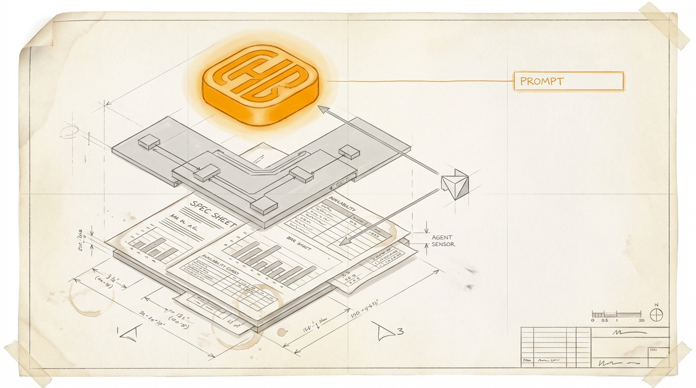 Die Marke im Prompt. Architektonische Sprengzeichnung auf gealtertem Transparentpapier. Unten geschichtete Datenblätter, Spec-Sheets und Barcodes in präzisem Grau, darüber ein Routing-Mechanismus, ganz oben schwebend ein leuchtendes Marken-Signet in Amber. Ein kleiner Agent-Sensor greift an den Spec-Schichten vorbei direkt nach dem Amber-Signet, eine Linie führt rüber zu einem Prompt-Eingabefeld.