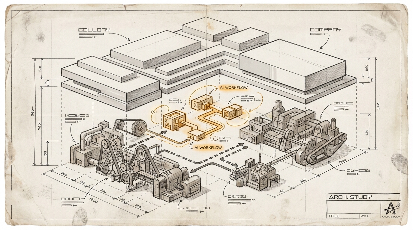 The Model Company Is Not Yet a Model Organization. Exploded view of a large company block where only a few internal modules and connecting paths are marked in amber and already rebuilt for a new AI rhythm while the rest of the organization remains in the old process grid.