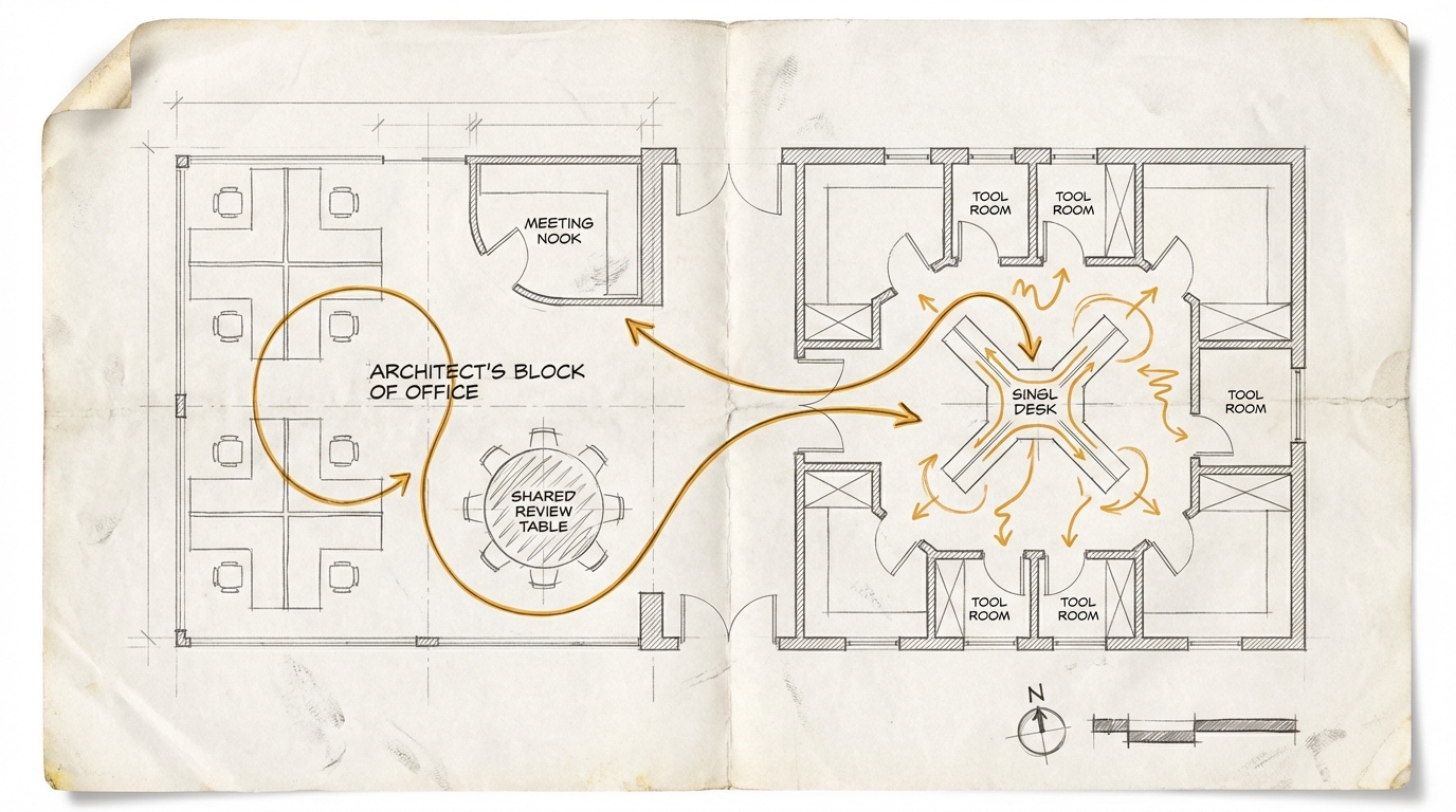 Die stille Entbuendelung der Teamarbeit. Grundriss eines Bueros. Eine amberfarbene Rueckkopplungsschleife fuehrt nicht mehr durch den Teamtisch, sondern ueber einen zentralen Einzelarbeitsplatz.
