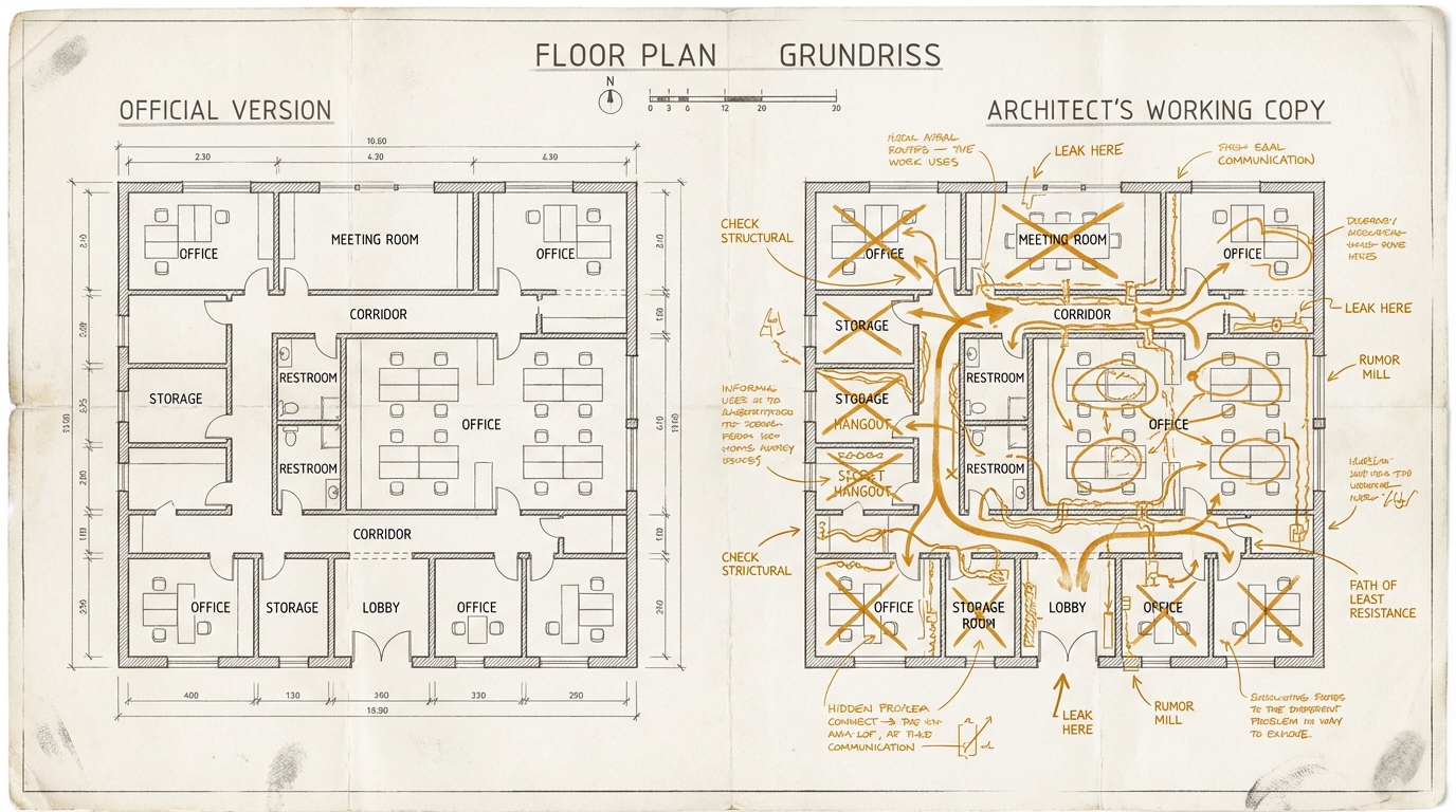 The Two Versions. Two floor plans of the same building side by side. Left the official version: clean, minimal, only walls and rooms. Right the architect's working copy: densely annotated in amber with hidden pathways, informal routes, and handwritten margin notes.