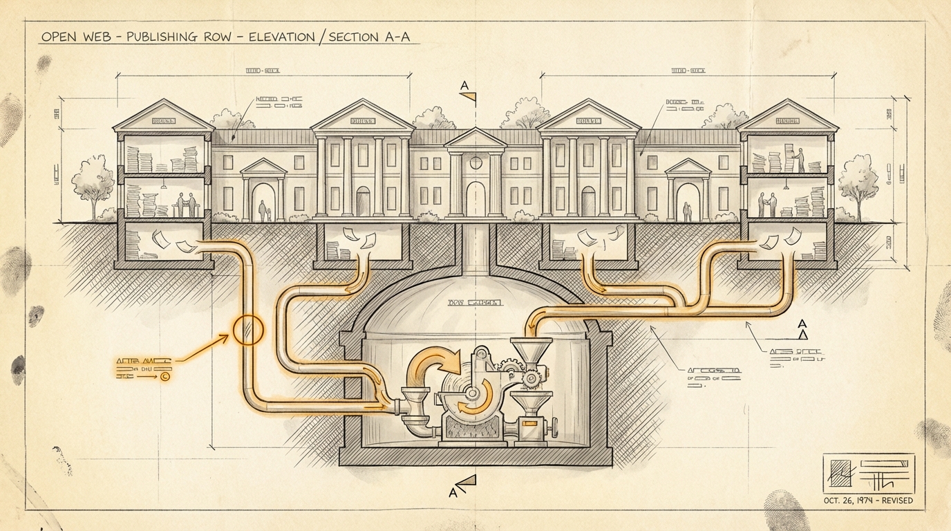 Ethical Until the Website Edge. Architectural cross-section of a clean row of publisher structures above ground with a hidden amber extraction conduit below siphoning pages into a central AI chamber.