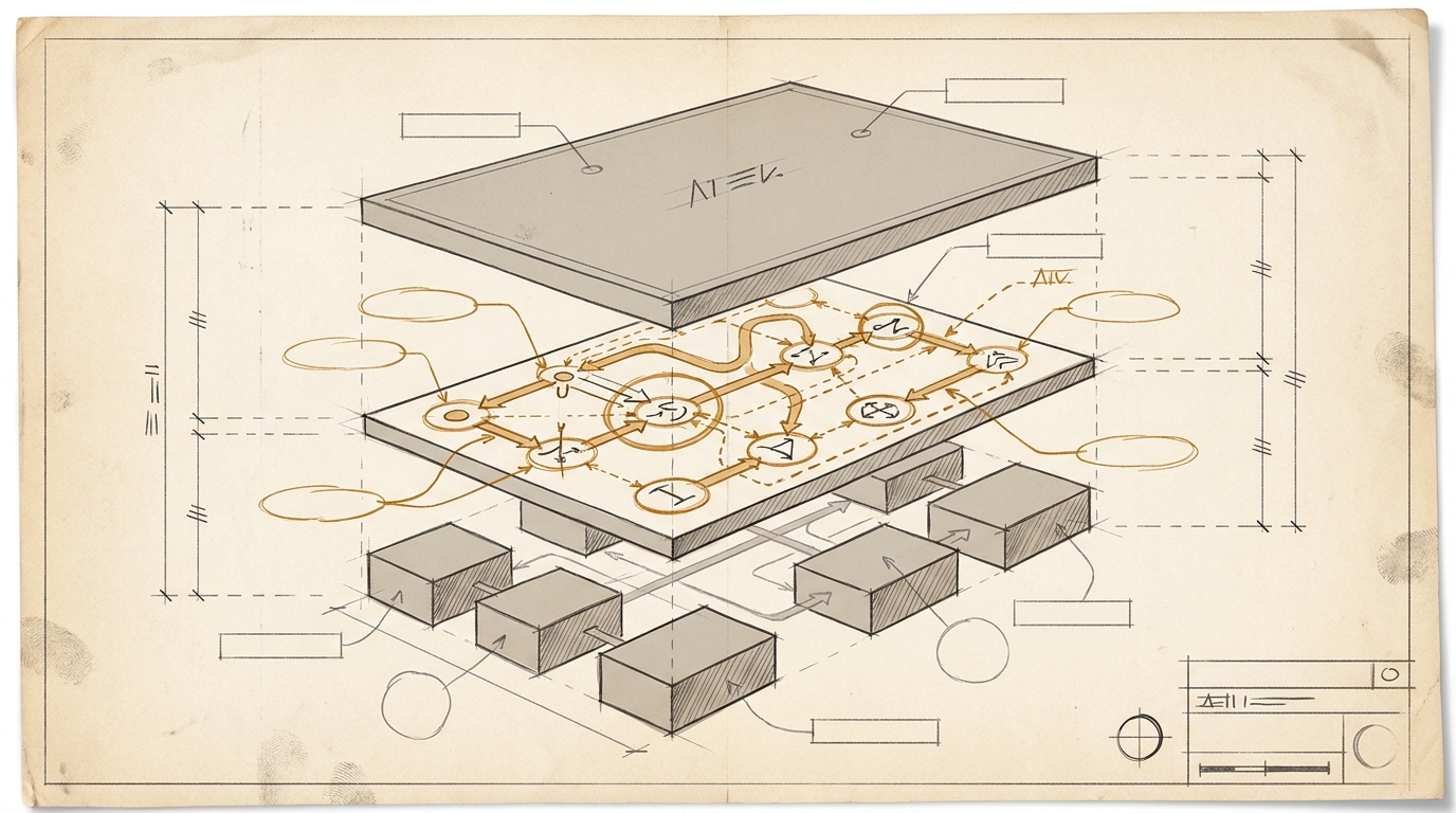 Entsteht mit Managed Agents gerade eine neue AI-Infrastruktur? Sprengzeichnung eines AI-Stacks, bei dem zwischen einem sichtbaren Agentenblock oben und mehreren Inference-Blöcken unten eine amber markierte Orchestrierungsschicht liegt, die den eigentlichen Kontrollpunkt markiert.