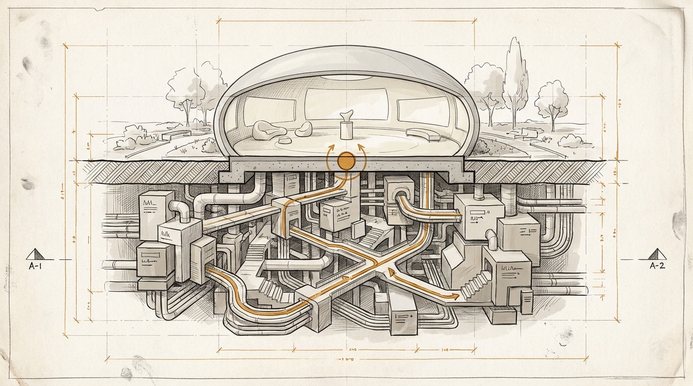 Nicht Siri-ready. System-ready. Architektonischer Schnitt durch eine glatte Assistenz-Oberfläche über der Erde und eine verborgene amberfarbene Aktionsspur darunter, die durch die eigentliche Capability-Schicht führt.