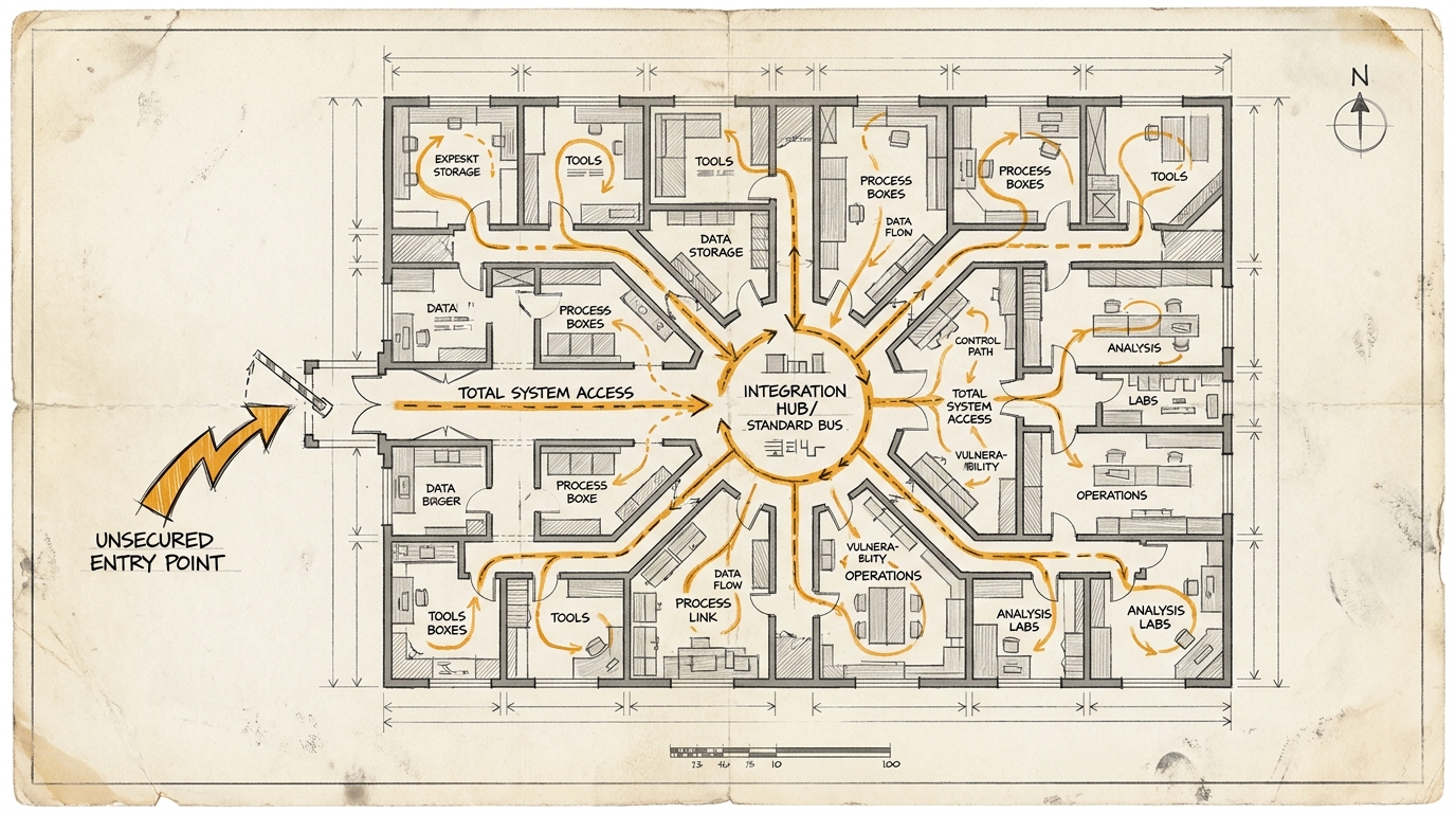 Architektur-Grundriss: Ein zentraler Standard-Hub verbindet viele Räume und Tools. Ein amberfarbener offener Zugangspfad markiert, wie eine ungesicherte Route das gesamte verbundene System freilegt.