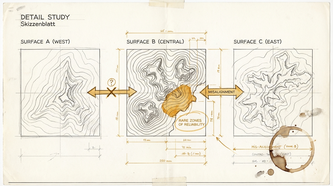 Plausible-sounding nonsense. Three topographic maps on a sketch page. Each shows a jagged surface. Amber patches only where all three overlap.