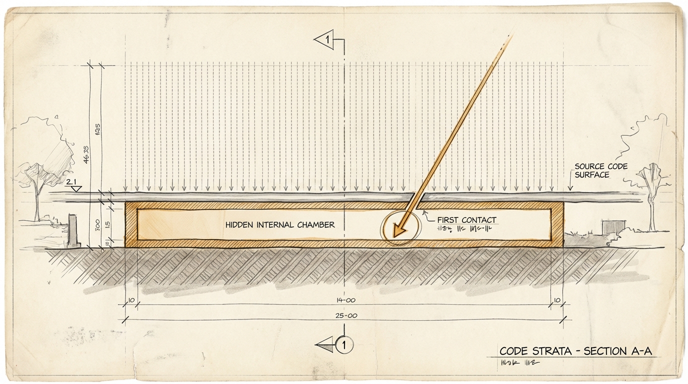 Tausend mal berührt. Tausend mal ist nichts passiert. Architektonischer Querschnitt durch eine Zeile Quellcode. Oberhalb der Code-Oberfläche tausende identische vertikale Strich-Markierungen, die wie Fußabdrücke die Oberfläche berühren ohne sie zu durchdringen. Eingebettet in die Code-Schicht eine verborgene Kammer in Amber, die keine der Berührungen je erreicht hat. Ein einzelner diagonaler Pfeil in Amber durchstößt die Oberfläche und erreicht die Kammer als erster Kontakt. Beschriftet als technischer Querschnitt 