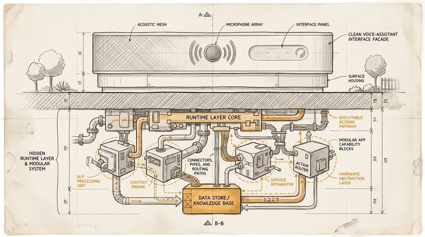 From the Bottleneck to the Runtime. Architectural cross-section of a clean voice-assistant facade. Beneath the surface sits a hidden runtime layer of modules, pipes, and routers. A single amber element marks the real capability layer.