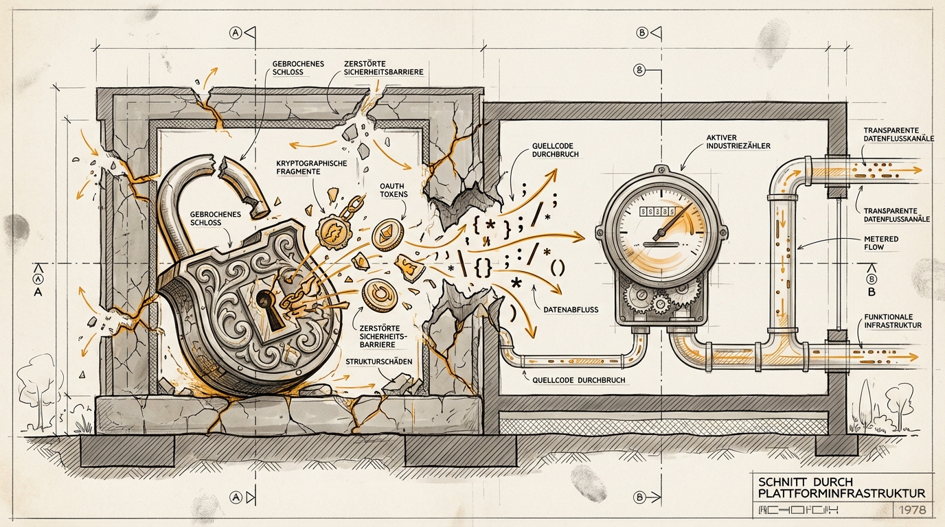 Vom Schloss zum Zähler. Architektonischer Querschnitt durch eine Plattform-Infrastruktur. Links ein zerbrochenes, ornamentales Vorhängeschloss mit sichtbarem kryptografischem Mechanismus, Amber markiert die Bruchstellen. Rechts ein industrieller Stromzähler mit aktiv fließendem Verbrauchsstrom in Amber.